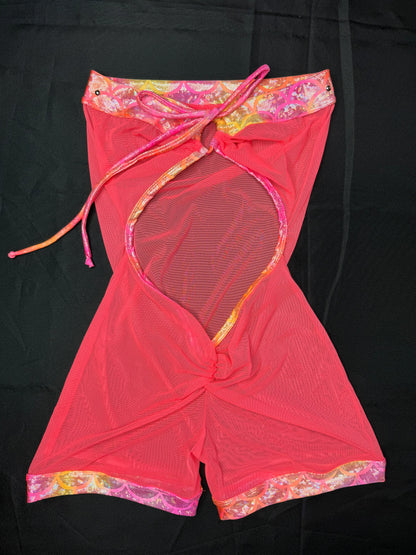 Bright Neon Coral/Hot Pink Mesh One-Piece Cheeky Thong Lingerie Outfit