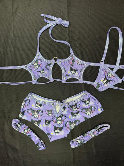 Metallic Lavender/Lavender Kuromi Spandex Star-Top Shorts Garters Lingerie Outfit