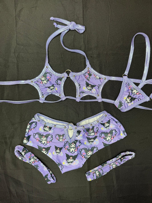 Metallic Lavender/Lavender Kuromi Spandex Star-Top Shorts Garters Lingerie Outfit