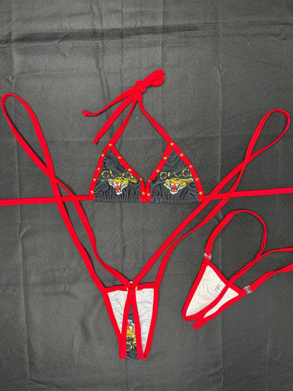 Designer Black/Red Spandex Two-Piece Sling-Shot Lingerie Outfit