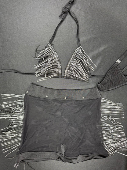 Black Spandex/Mesh Fringe Ripped Back Shorts Two-Piece Lingerie Outfit