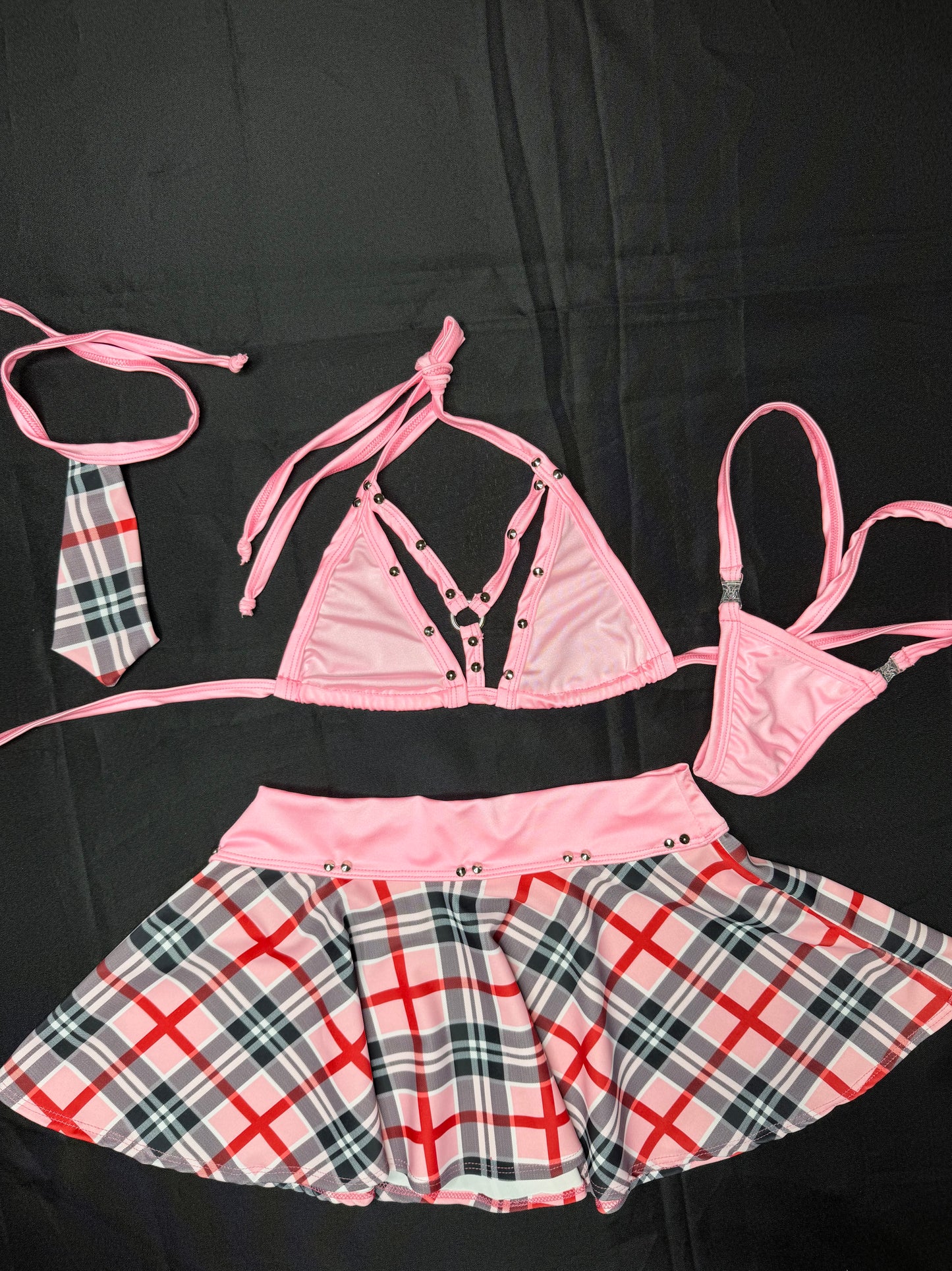 Baby Pink Plaid Spandex Bikini Top Skirt with Tie Lingerie Outfit