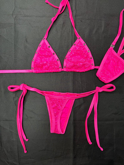 Hot Pink Spandex/Lace Two-Piece Bikini Lingerie Outfit