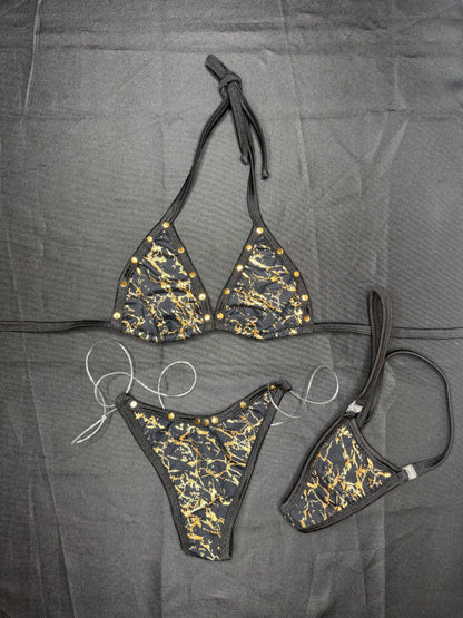 Gold/Black Spandex Two-Piece Lingerie Bikini Outfit