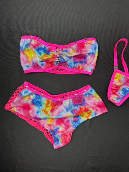 Holographic Rainbow Spandex Tube Top/Shorts Two-Piece Lingerie Outfit