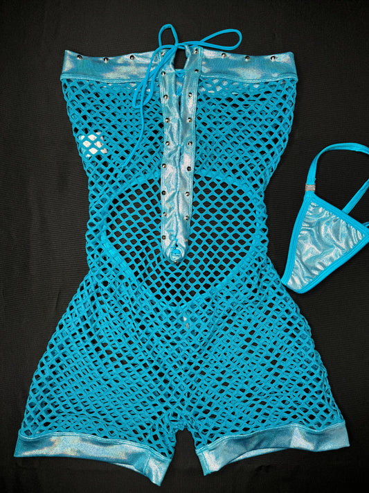 Mystic Blue/Turquoise Fishnet One-Piece Lingerie Outfit