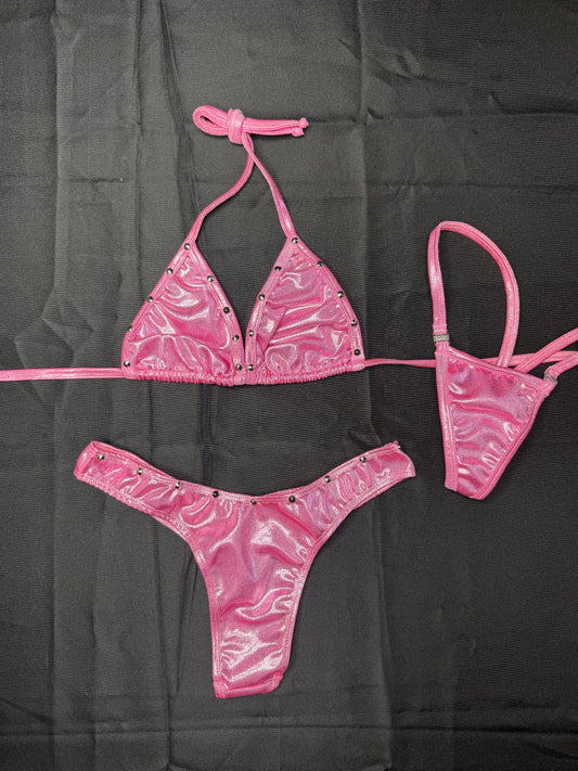 Metallic Pink Bikini/Cheeky Thong Bikini Lingerie Outfit