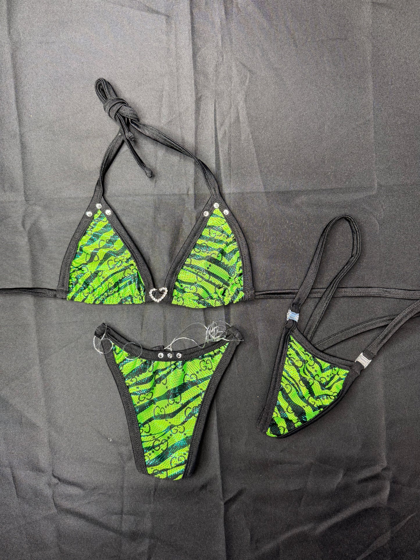 Green Tiger Stripe Animal Print Spandex Designer Two-Piece Lingerie Outfit