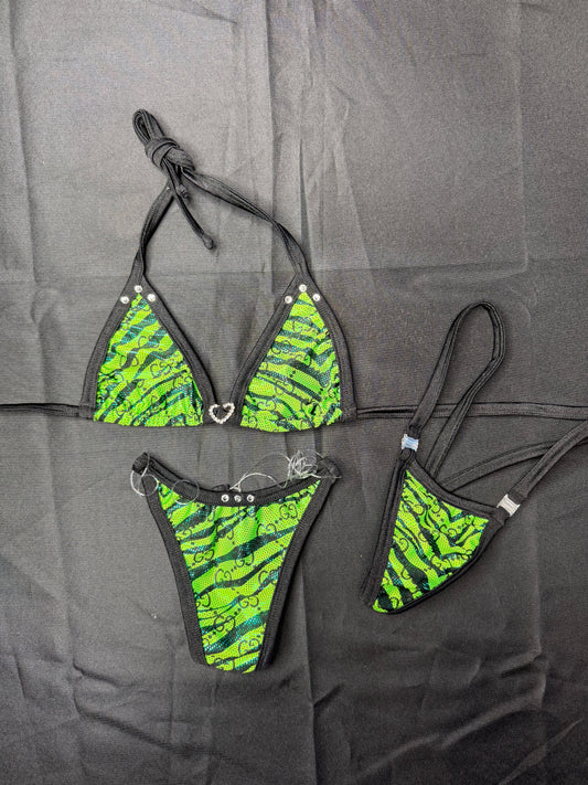 Green Tiger Stripe Animal Print Spandex Designer Two-Piece Lingerie Outfit