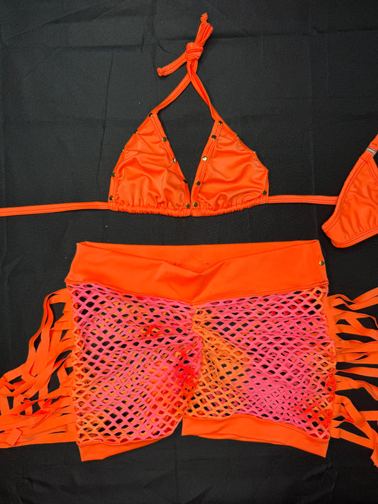 Orange/Ombre Spandex Two-Piece Fringe Lingerie Outfit