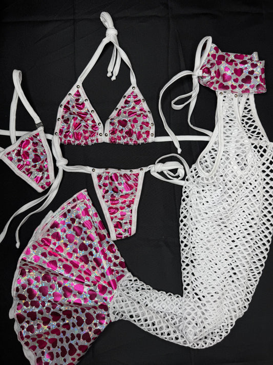 Metallic Heart Spandex Bikini Top/Side Tie Bikini Chaps Leg Lingerie Outfit
