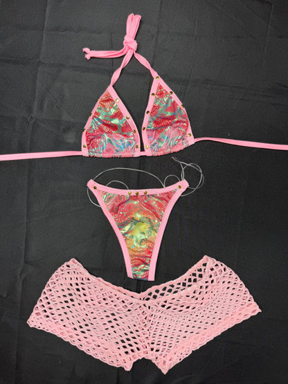 Baby Pink/Animal Print Spandex Bikini/Shorts Lingerie Outfit