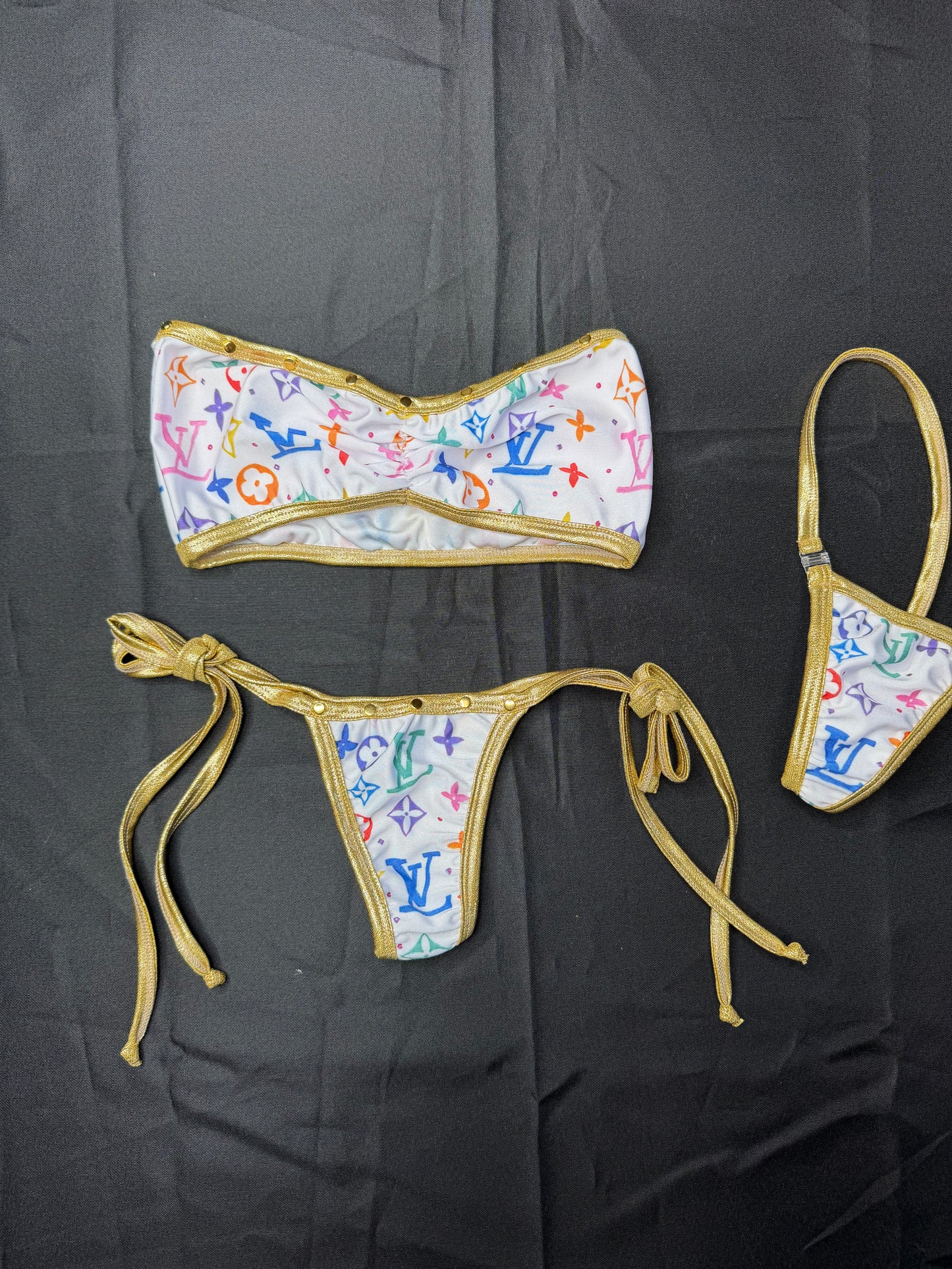 White Designer/Gold Spandex Tube Top/Side Tie Bikini Lingerie Outfit