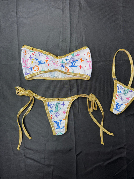 White Designer/Gold Spandex Tube Top/Side Tie Bikini Lingerie Outfit