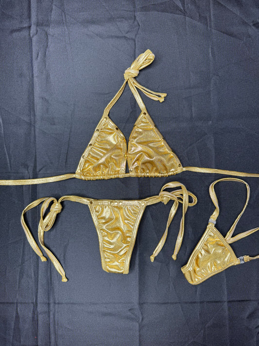 Gold Spandex Side Tie Bikini Lingerie Outfit