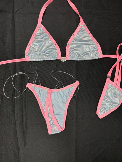 Metallic Lavender/Baby Pink Spandex Two-Piece Bikini Lingerie Outfit