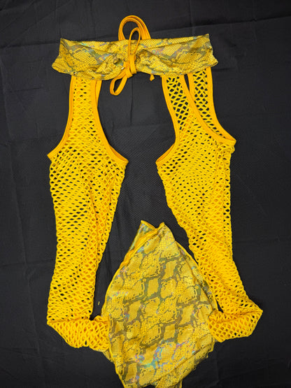 Yellow Animal Print/Daffodil Yellow Fishnet Spandex Chaps Leg Outfit/Bikini Lingerie Outfit