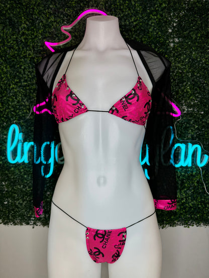 Holographic Hot Pink/Black Three-Piece Stripper Outfit