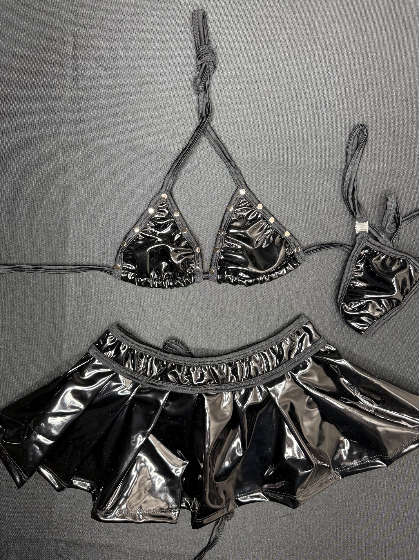Black Latex Bikini Top/Skirt Two-Piece Lingerie Outfit