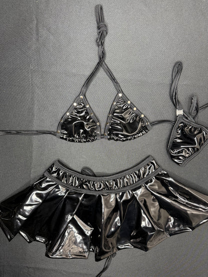 Black Latex Bikini Top/Skirt Two-Piece Lingerie Outfit