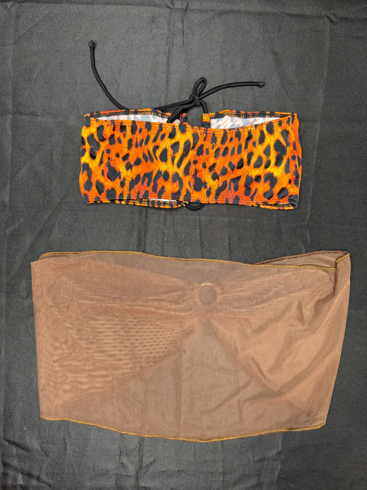 Tiger Print/Mocha Brown Mesh Tube Top/Skirt Lingerie Outfit