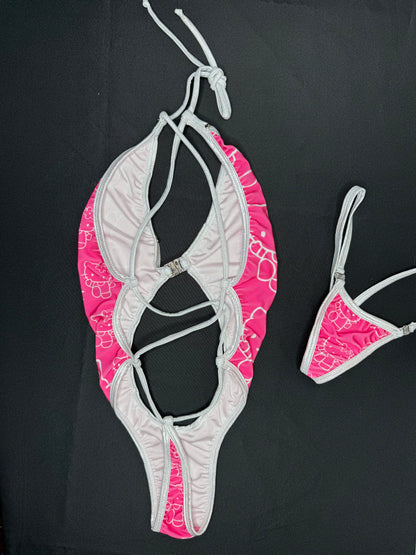 Hot Pink/Silver Kitty Print One-Piece Lingerie Outfit