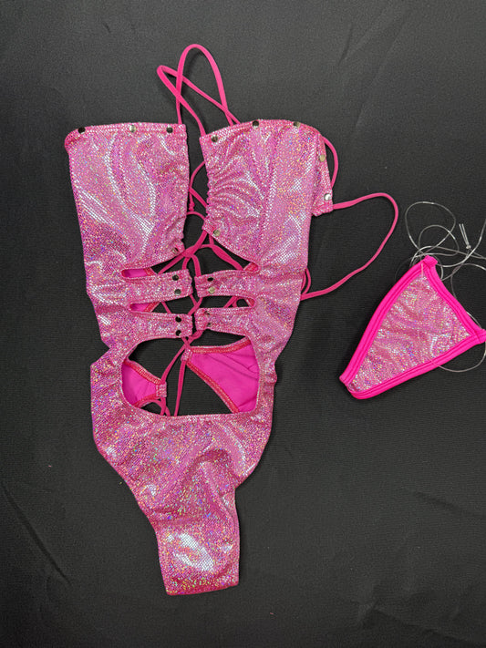 Metallic Pink Spandex One-Piece Lingerie Outfit