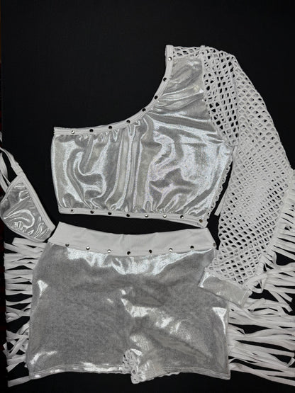 Microdot Silver/White Fringe Single Sleeve/Shorts Two-Piece Lingerie Outfit