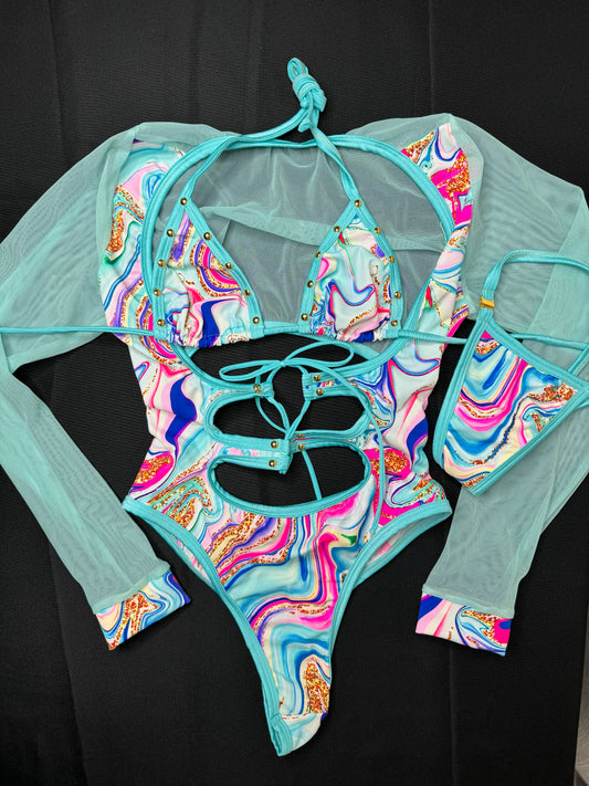 Mint Glitter Bomb Long Sleeve Leotard Exotic Dancer Outfit