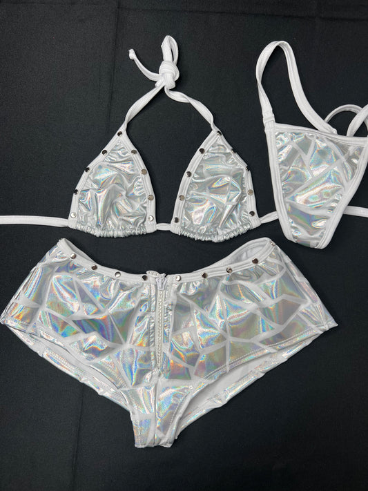 Metallic Silver Two-Piece Shorts Exotic Dancer Outfit
