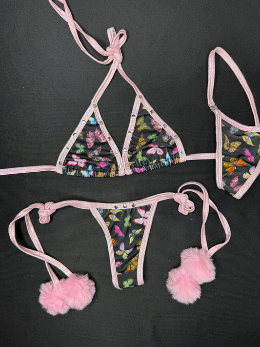 Metallic Baby Pink/Mushroom Print Spandex Two-Piece Lingerie Outfit