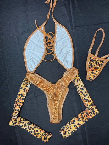 Tiger Spandex Print/Copper One-Piece Lingerie Outfit