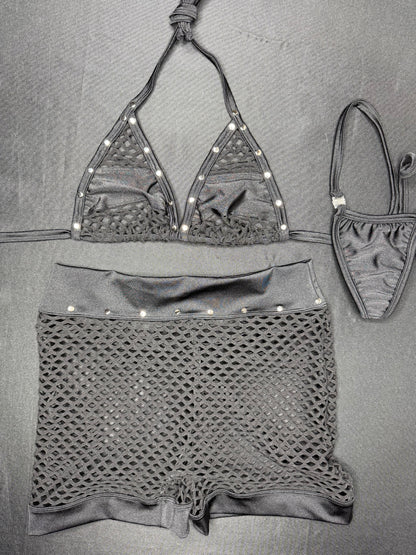Black/Black Spandex/Fishnet Bikini Top/Shorts Two-Piece Lingerie Outfit