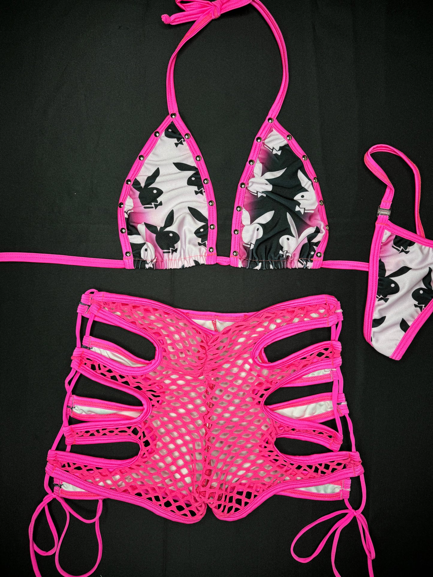 Hot Pink/Black Bunny Two-Piece Shorts Lingerie Outfit