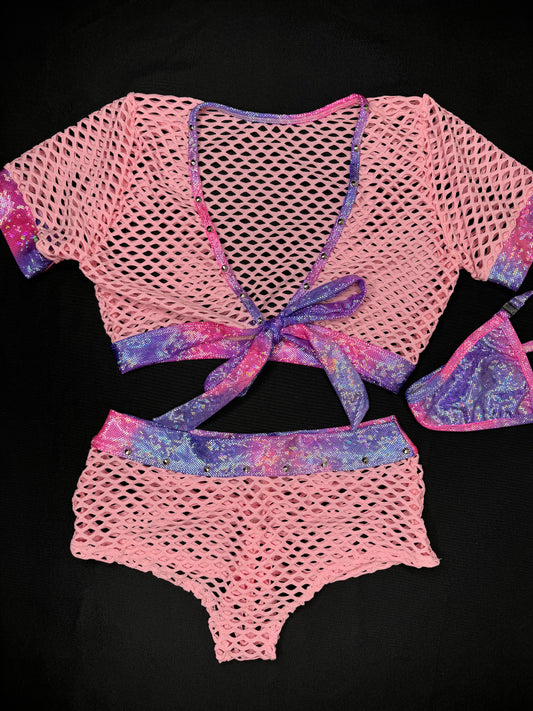 Metallic Purple/Pink Spandex/Baby Pink Fishnet Two-Piece Shorts Lingerie Outfit