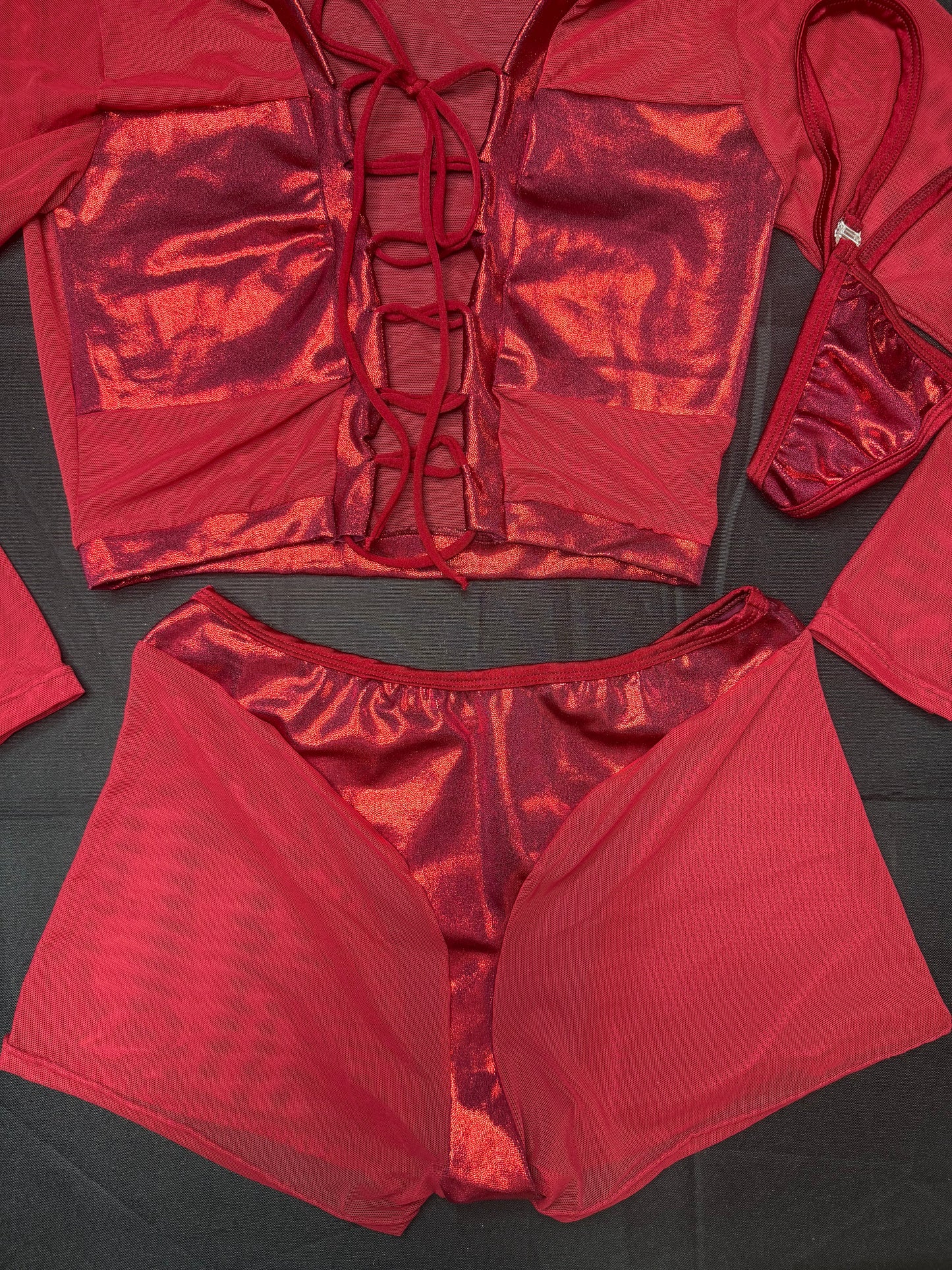 Metallic Burgundy Spandex/Burgundy Mesh Long Sleeve/Shorts Two-Piece Lingerie Outfit