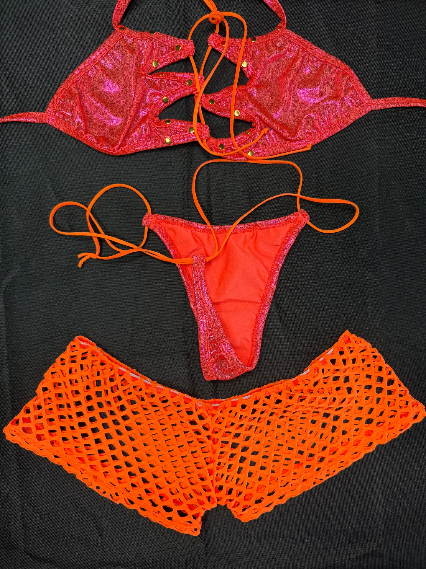 Metallic Hot Pink/Fuchsia/Orange Spandex Three-Piece Lingerie Outfit