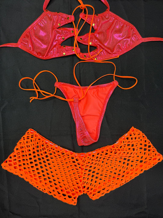 Metallic Hot Pink/Fuchsia/Orange Spandex Three-Piece Lingerie Outfit