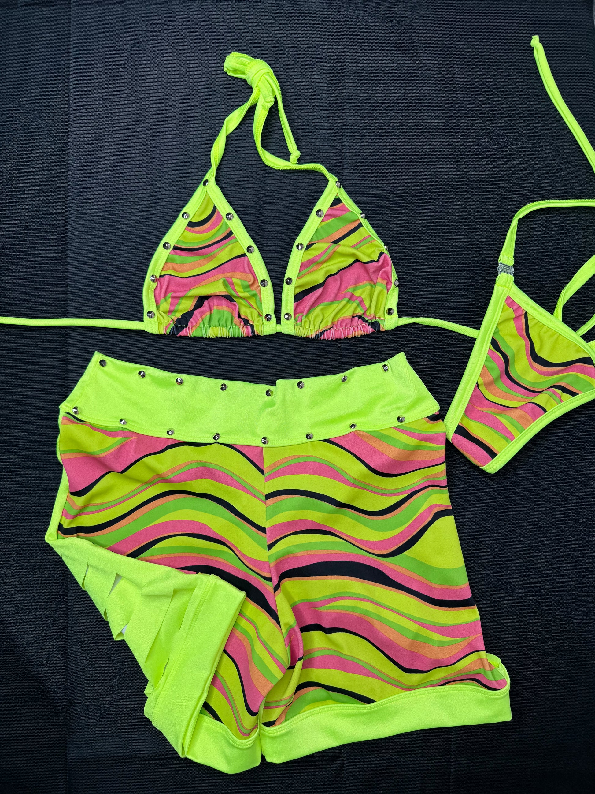 Yellow Pink Wave Two-Piece Ripped Back Shorts Lingerie Outfit