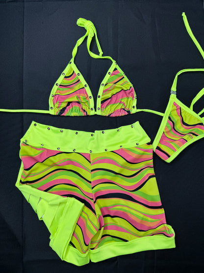 Yellow Pink Wave Two-Piece Ripped Back Shorts Lingerie Outfit