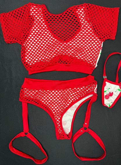 White Cherries/Red Spandex/Fishnet Two-Piece Short Sleeve Top/Garter Shorts Lingerie Outfit