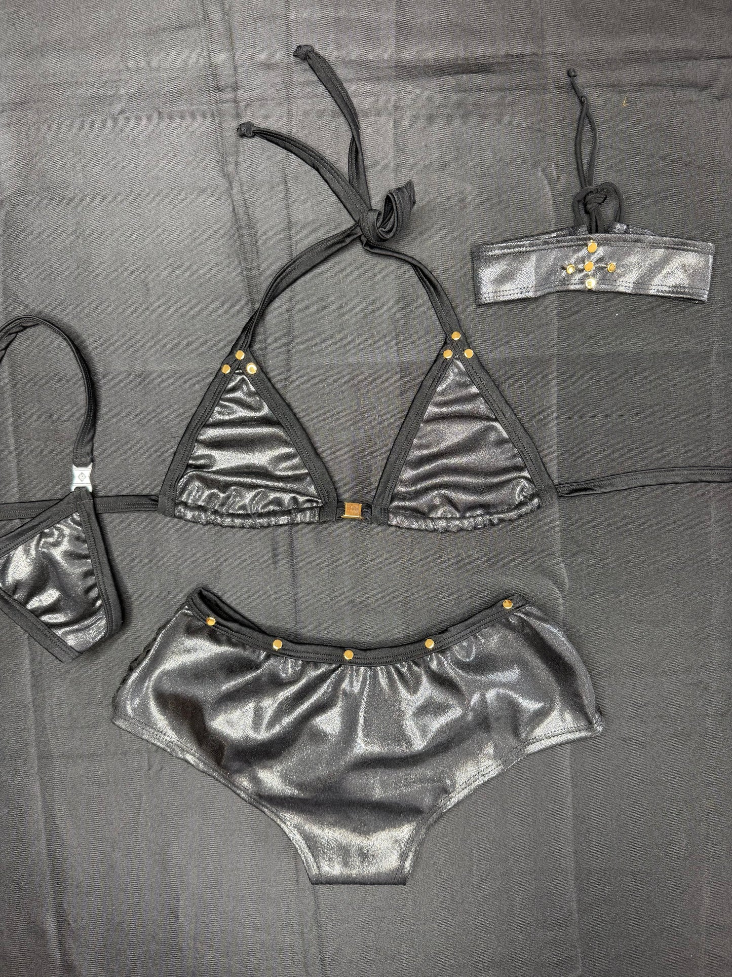 Metallic Black Spandex/Black Fishnet Shorts with Choker Two-Piece Lingerie Outfit
