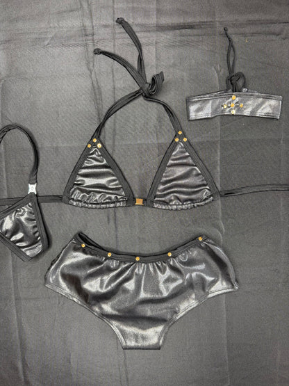 Metallic Black Spandex/Black Fishnet Shorts with Choker Two-Piece Lingerie Outfit