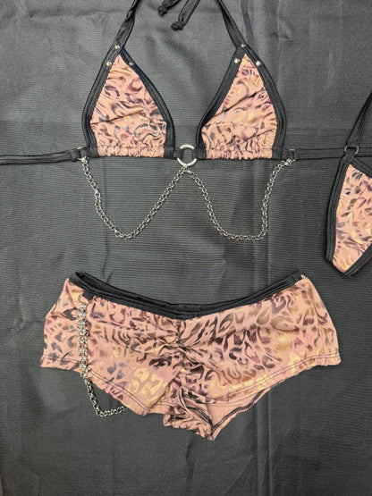 Cheetah Print Spandex Bikini Top/Shorts Chains Two-Piece Lingerie Outfit