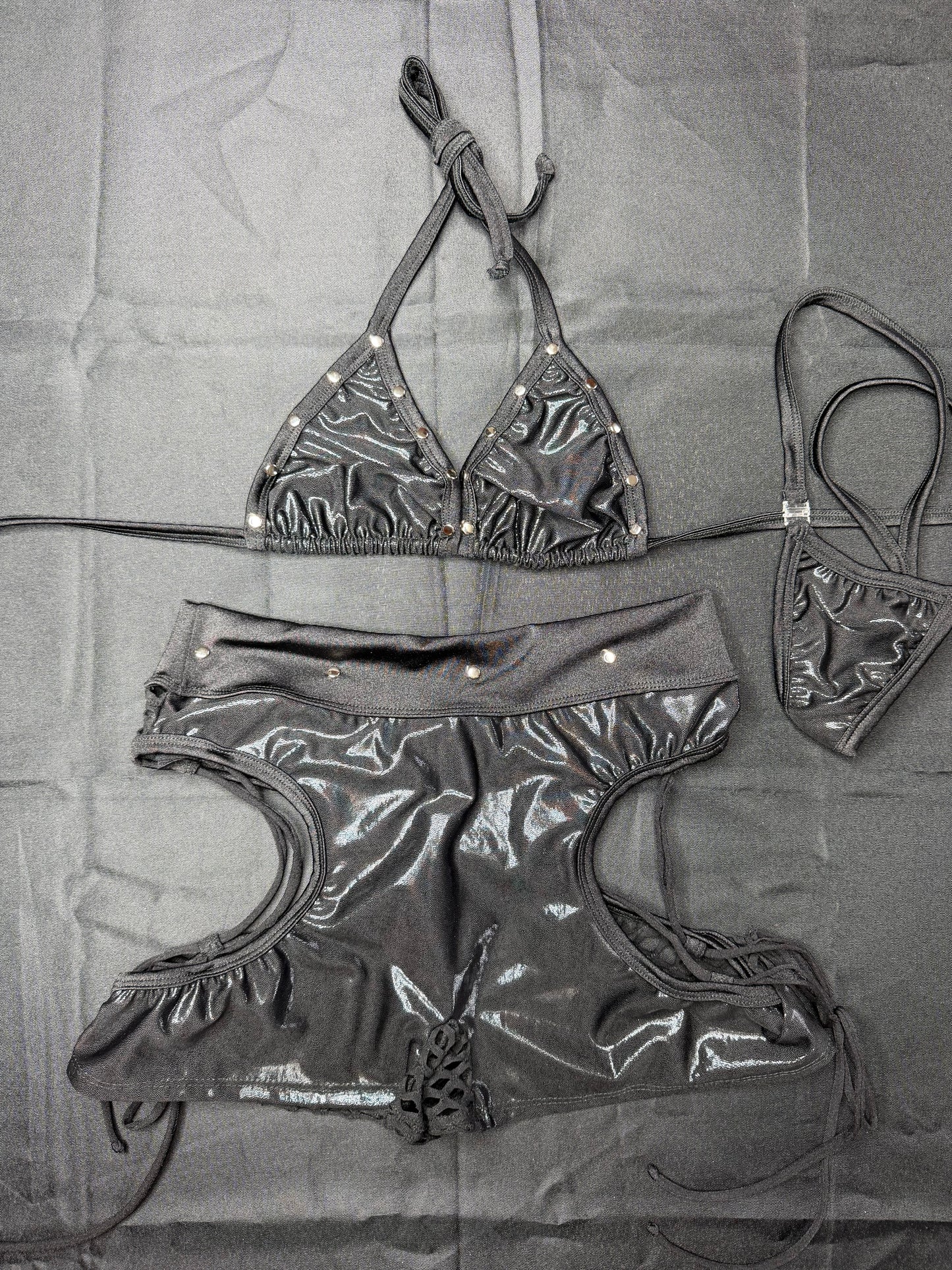 Metallic Black Spandex Bikini Top/Shorts Lingerie Outfit
