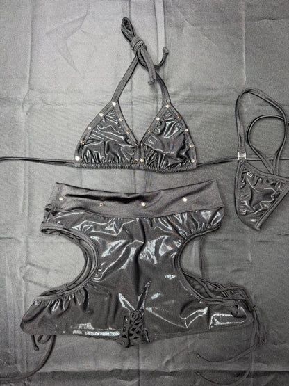 Metallic Black Spandex Bikini Top/Shorts Lingerie Outfit