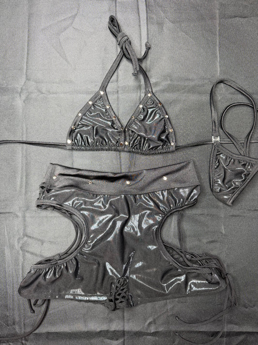 Metallic Black Spandex Bikini Top/Shorts Lingerie Outfit