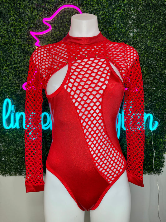 Red Fishnet/Spandex One-Piece Exotic Dancer Outfit