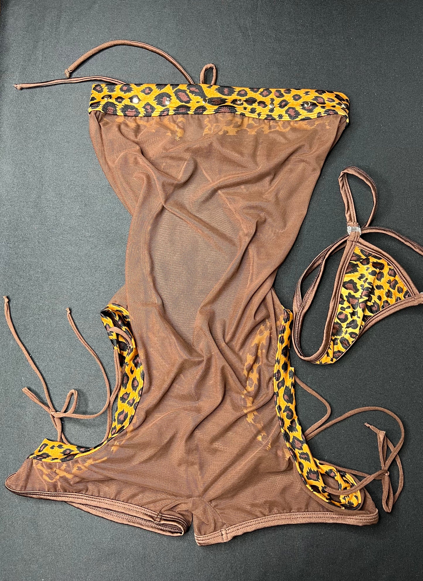Animal Print/Mocha Mesh Romper One-Piece Lingerie Outfit