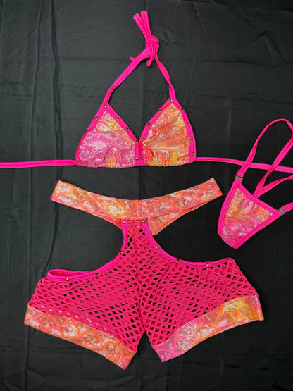 Yellow/Hot Pink Bikini Top/Shorts Two-Piece Lingerie Outfit